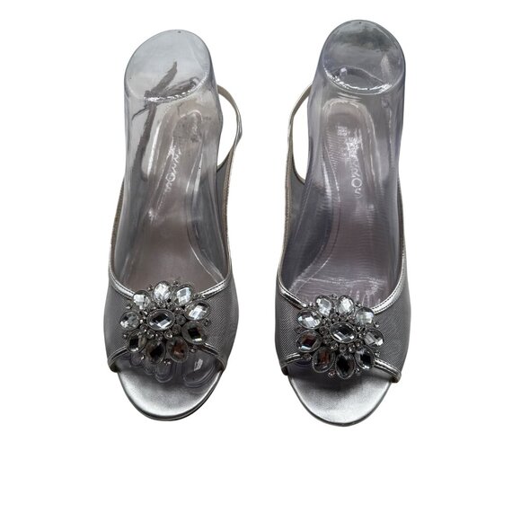 Caparros Size 10 Silver Rhinestone Embellished Open-Toe Slingback Heels - Picture 1 of 8